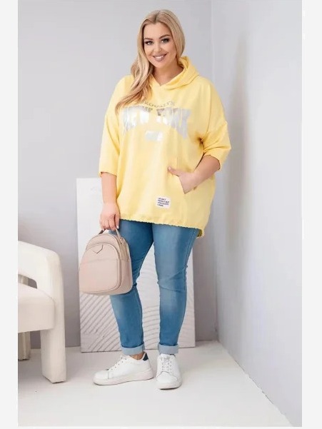 Dámska mikina Plus Size z viskózy s kapucňou a klokanovou kapsou žltá