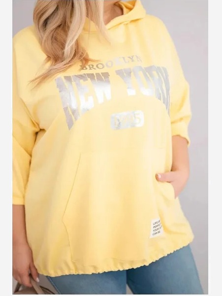 Dámska mikina Plus Size z viskózy s kapucňou a klokanovou kapsou žltá