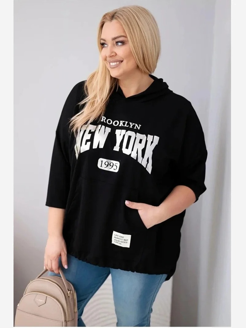 Dámska mikina Plus size z viskózy s kapucňou a klokaním vreckom čierna