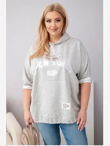 Dámska mikina Plus Size z viskózy s kapucňou a klokankovým vreckom sivý melír