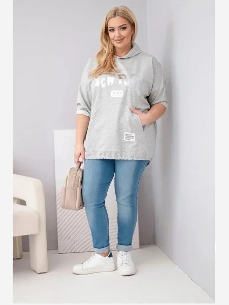Dámska mikina Plus Size z viskózy s kapucňou a klokankovým vreckom sivý melír