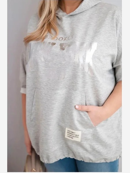 Dámska mikina Plus Size z viskózy s kapucňou a klokankovým vreckom sivý melír