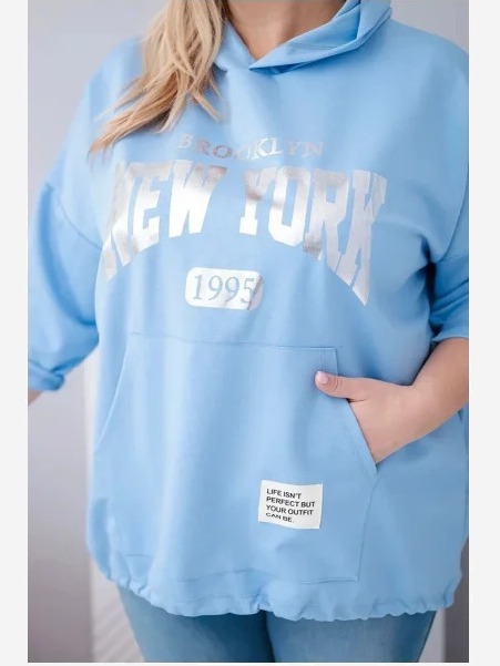 Dámska viskózová mikina plus size s kapucňou a klokankovým vreckom modrá