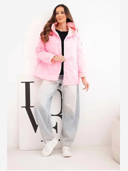 Dámska jarná prešívaná bunda s kapucňou a so zipsom candy ružová