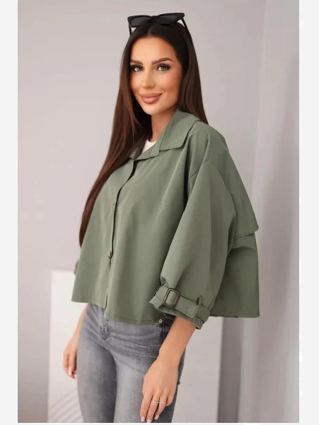 Dámska jarná bavlnená bunda zapínaná na gombíky s golierom khaki