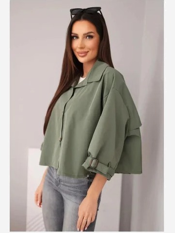 Dámska jarná bavlnená bunda zapínaná na gombíky s golierom khaki