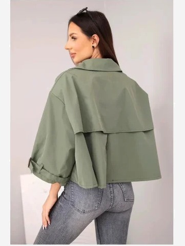 Dámska jarná bavlnená bunda zapínaná na gombíky s golierom khaki