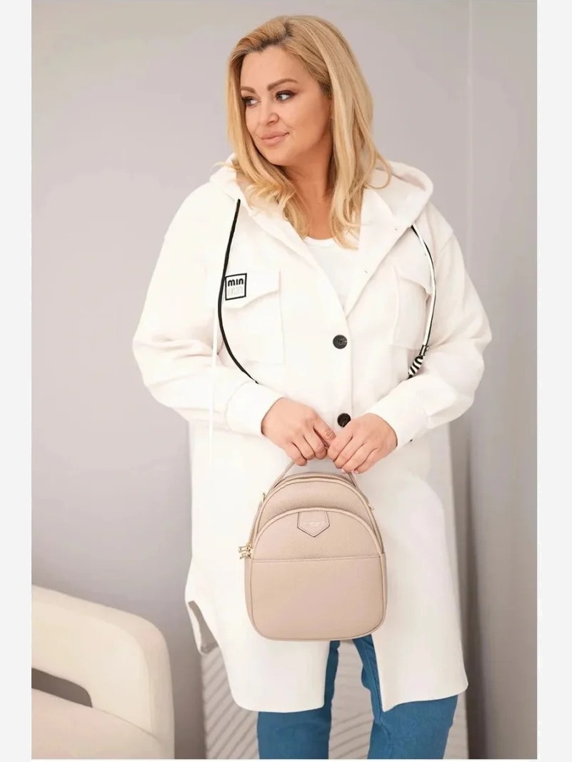 Dámsky kabát Plus Size s kapucňou zapínaný na gombíky svetlý béžový