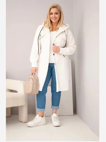 Dámsky kabát Plus Size s kapucňou zapínaný na gombíky svetlý béžový