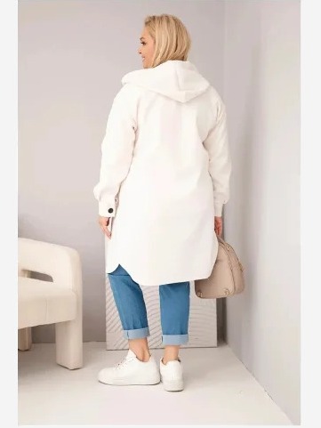 Dámsky kabát Plus Size s kapucňou zapínaný na gombíky svetlý béžový