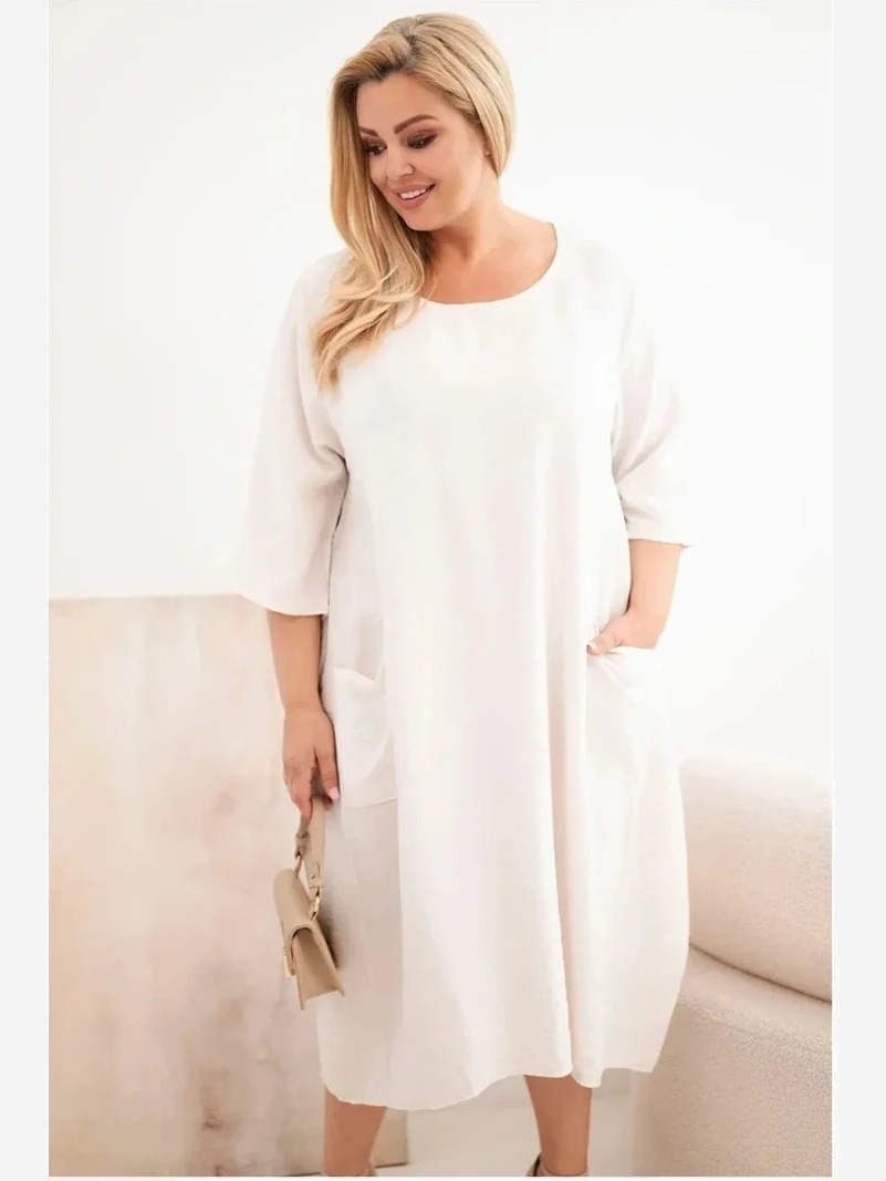 Dámske Plus Size viskózové šaty s vreckami krátky rukáv béžová