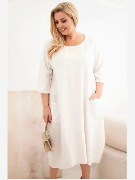 Dámske Plus Size viskózové šaty s vreckami krátky rukáv béžová