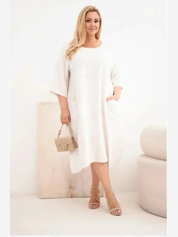 Dámske Plus Size viskózové šaty s vreckami krátky rukáv béžová