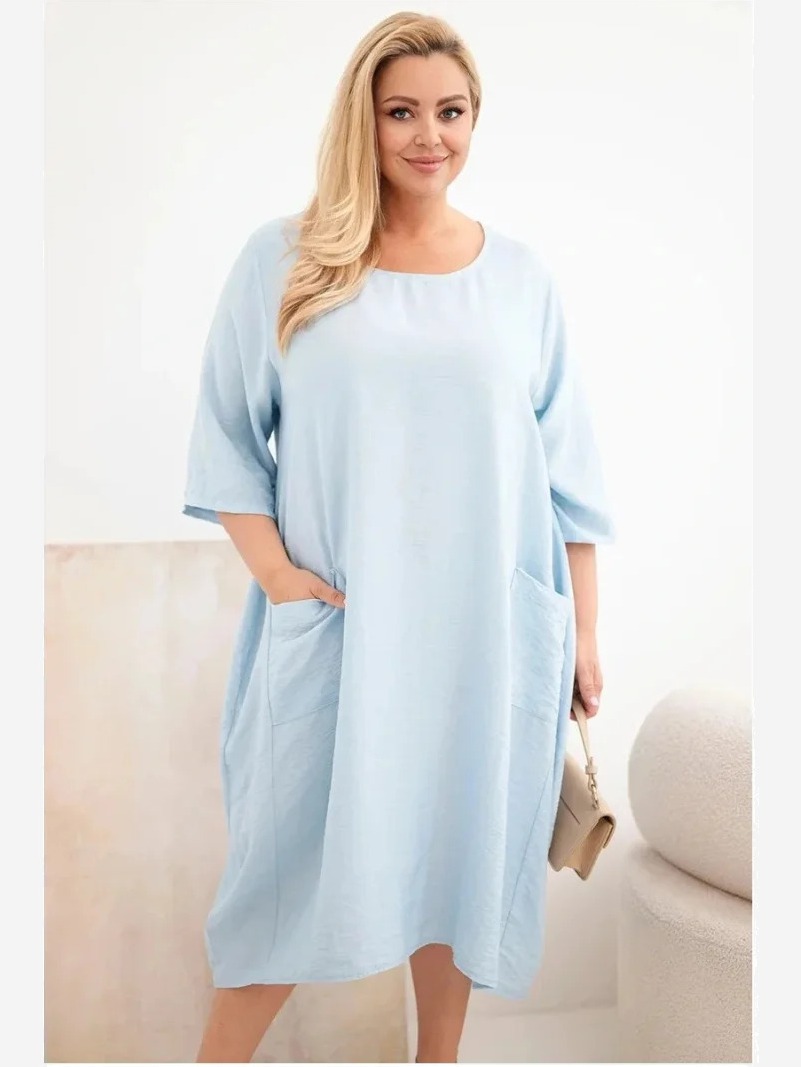 Dámske šaty Plus Size z viskózy s vreckami a krátkym rukávom modré