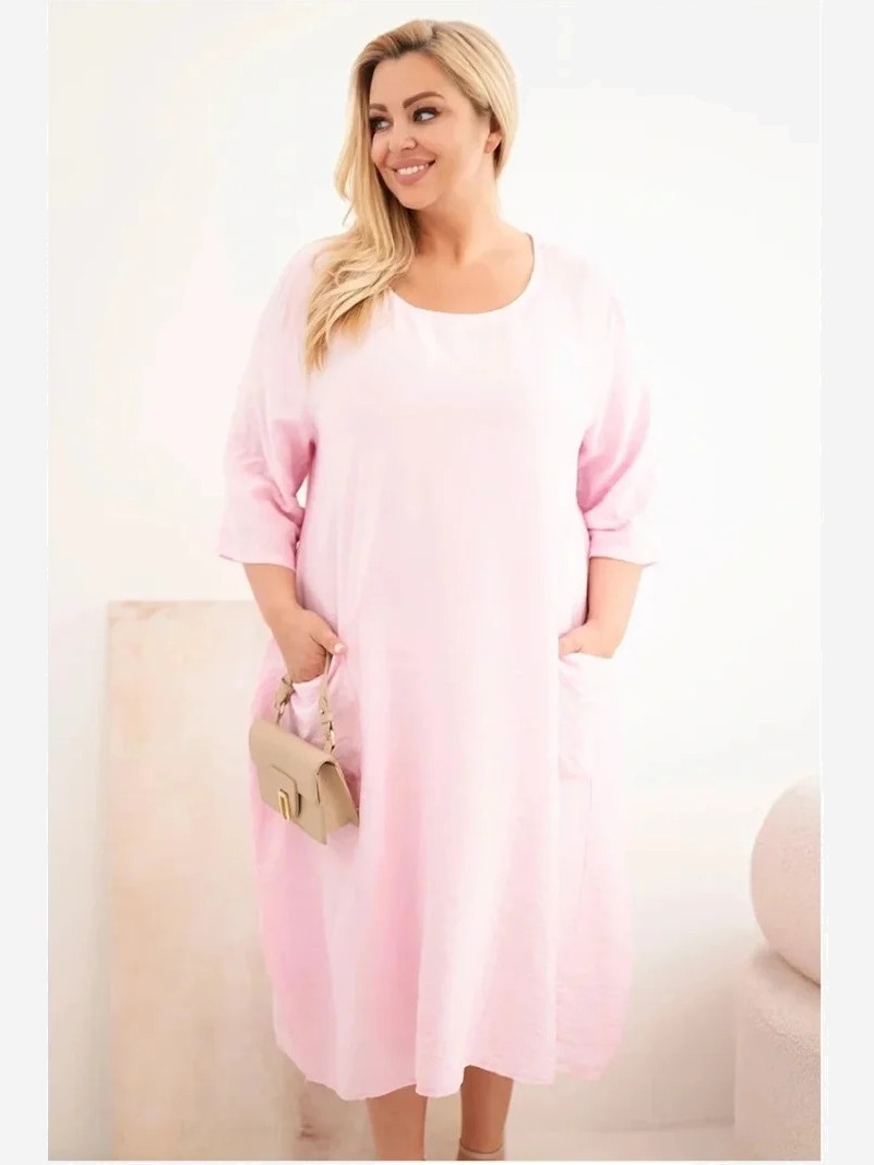 Dámske viskózové šaty Plus Size s vreckami a krátkym rukávom cukríková ružová