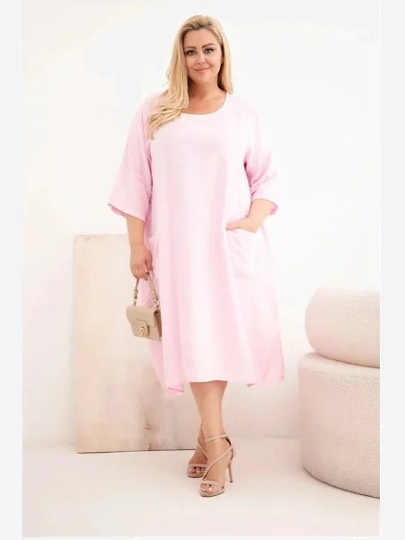Dámske viskózové šaty Plus Size s vreckami a krátkym rukávom cukríková ružová