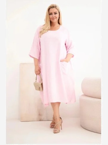 Dámske viskózové šaty Plus Size s vreckami a krátkym rukávom cukríková ružová