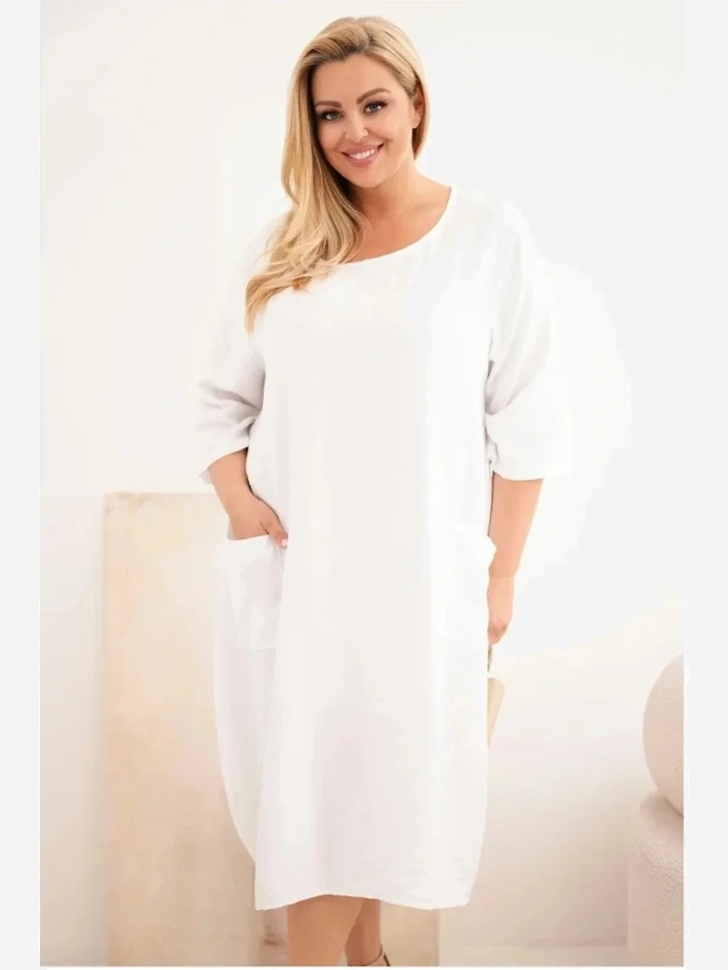 Dámske šaty Plus Size z viskózy s vreckami krátky rukáv biela