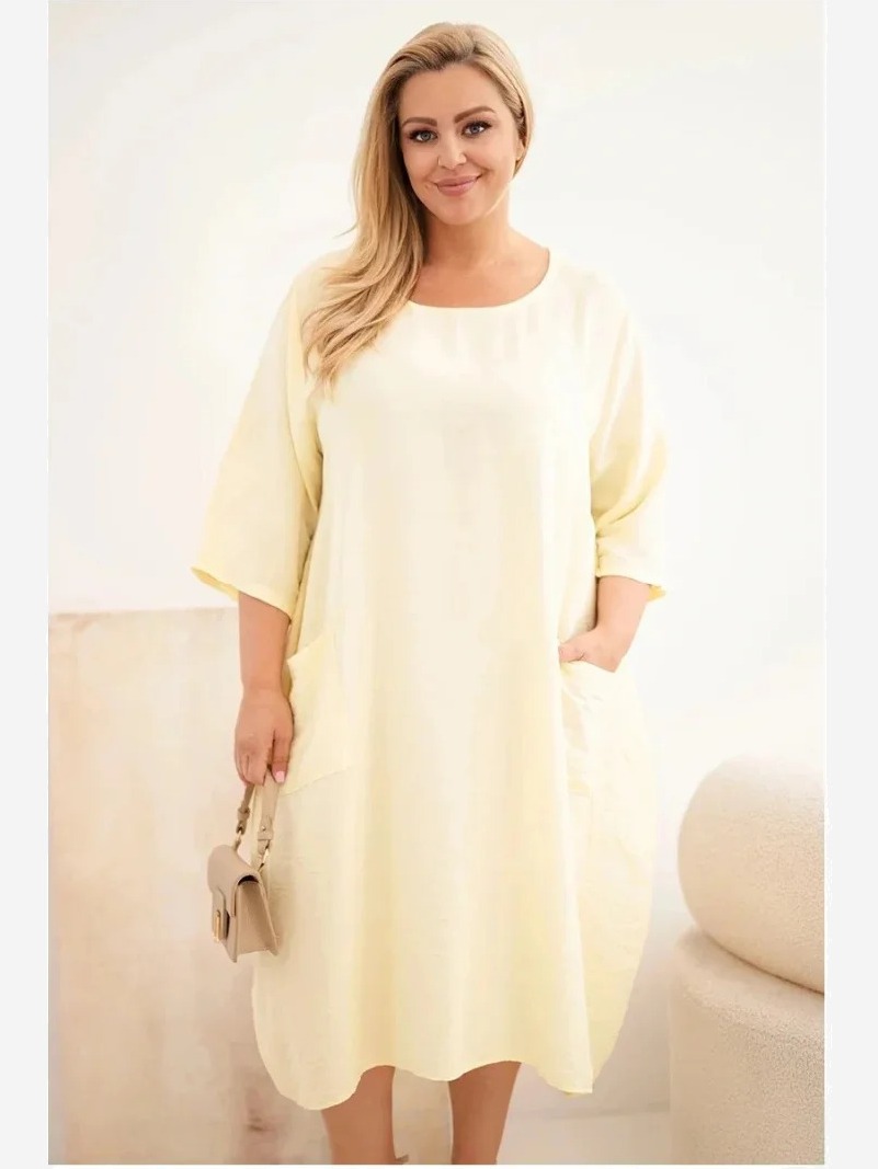 Dámske šaty Plus Size z viskózy s vreckami s krátkym rukávom žltá