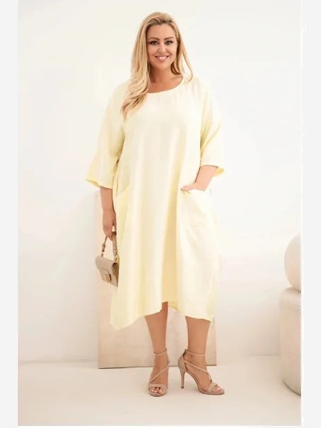 Dámske šaty Plus Size z viskózy s vreckami s krátkym rukávom žltá