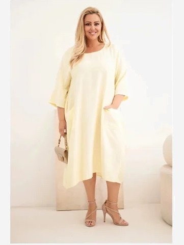 Dámske šaty Plus Size z viskózy s vreckami s krátkym rukávom žltá