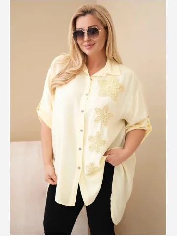 Dámska košeľa Plus Size z viskózy s kvetinovým vyšívaním žltá