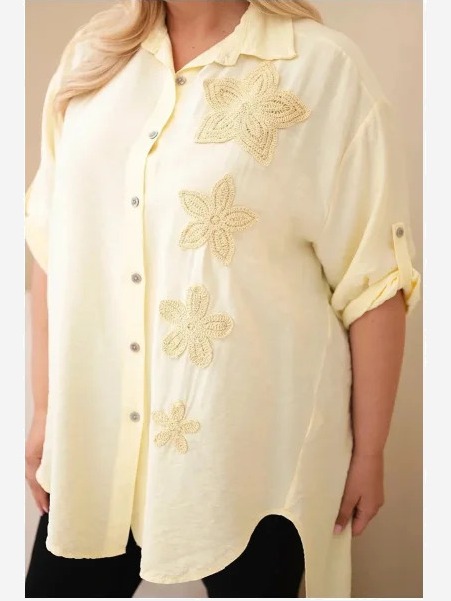 Dámska košeľa Plus Size z viskózy s kvetinovým vyšívaním žltá