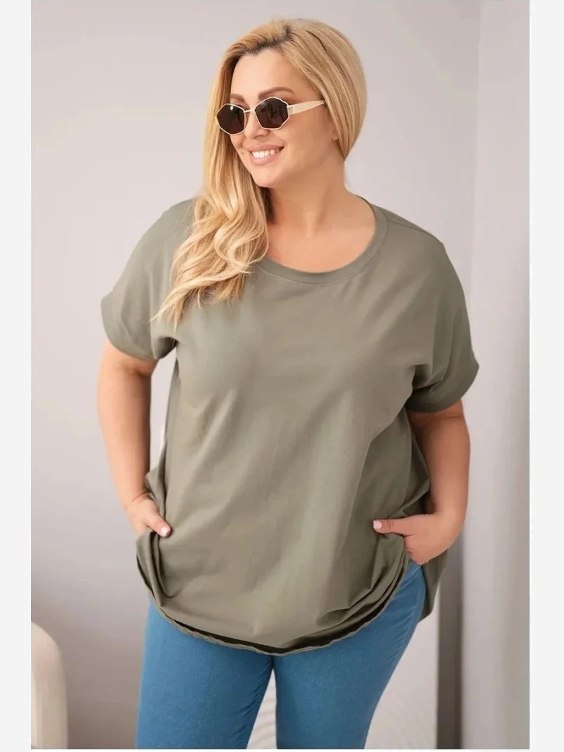 Dámska bavlnená blúzka Plus Size s krátkym rukávom khaki