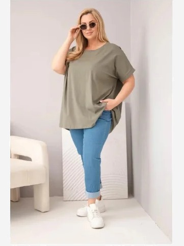 Dámska bavlnená blúzka Plus Size s krátkym rukávom khaki
