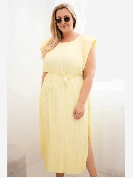 Dámske šaty Plus Size z viskózy, plisované, s viazaním žltá