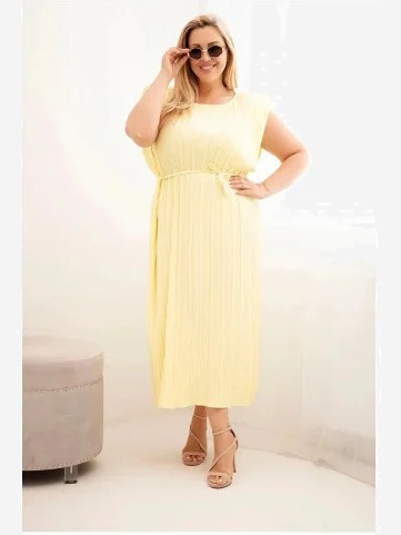 Dámske šaty Plus Size z viskózy, plisované, s viazaním žltá