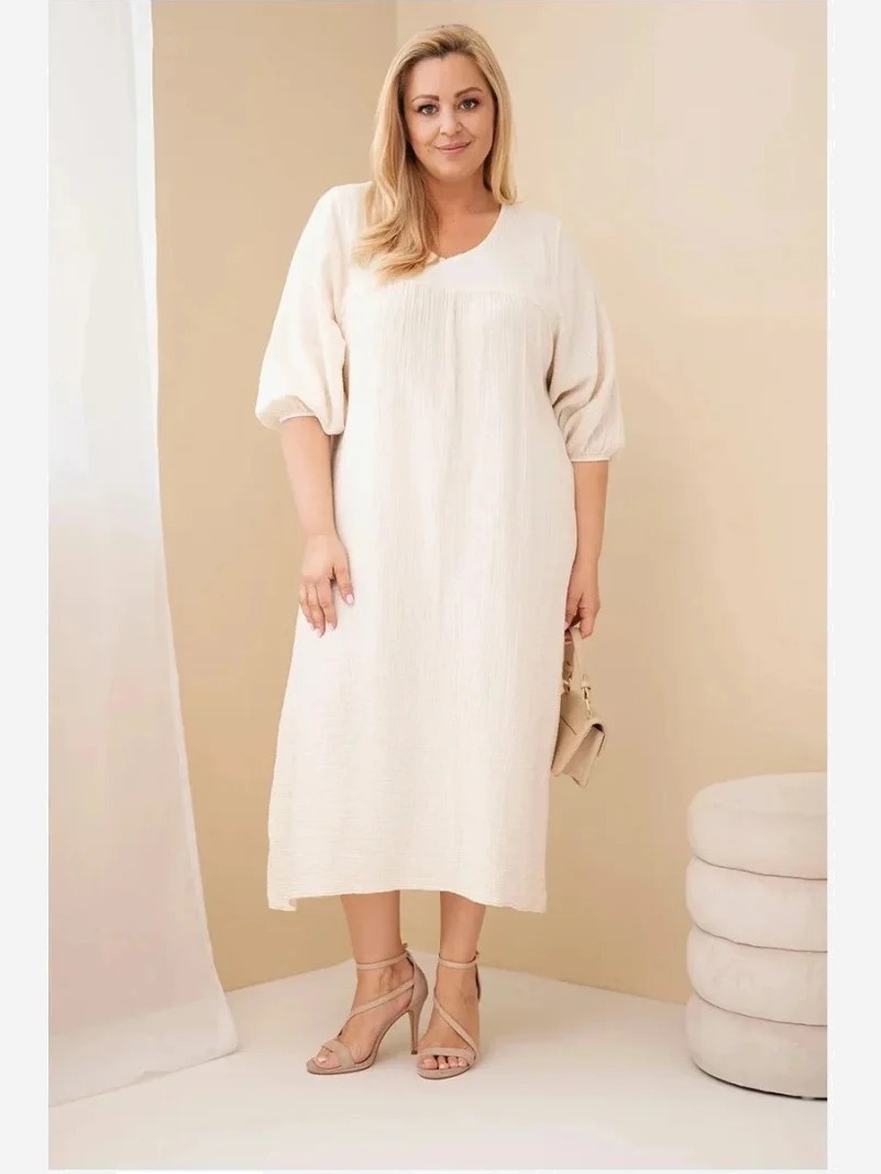 Dámske šaty Plus Size bavlnené mušelínové s výstrihom do V béžová