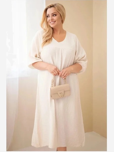 Dámske šaty Plus Size bavlnené mušelínové s výstrihom do V béžová