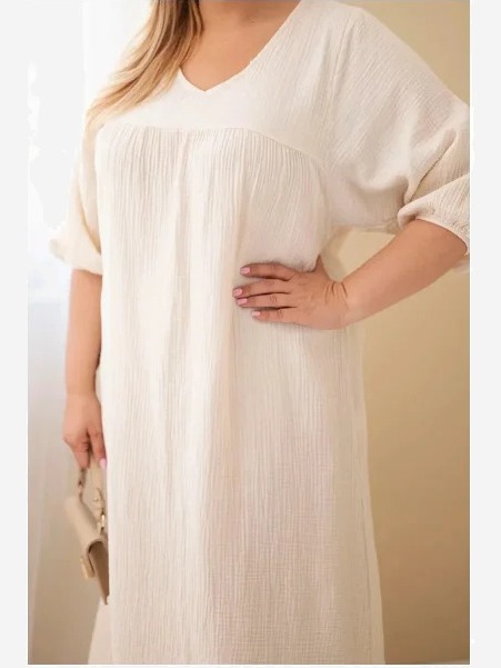 Dámske šaty Plus Size bavlnené mušelínové s výstrihom do V béžová