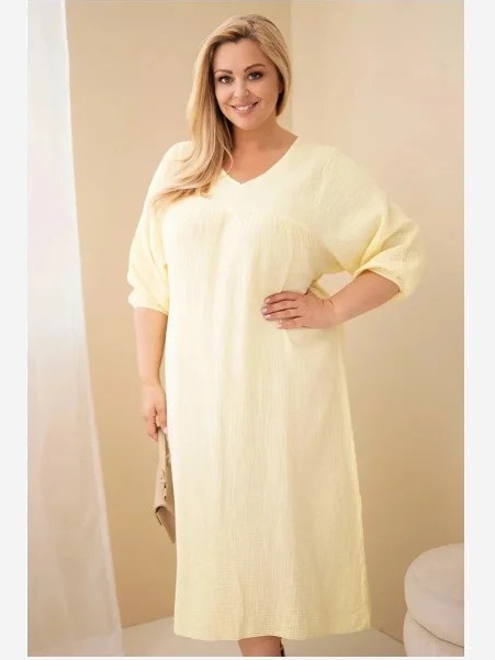 Dámske šaty Plus Size bavlnené mušelínové s výstrihom do V žltá