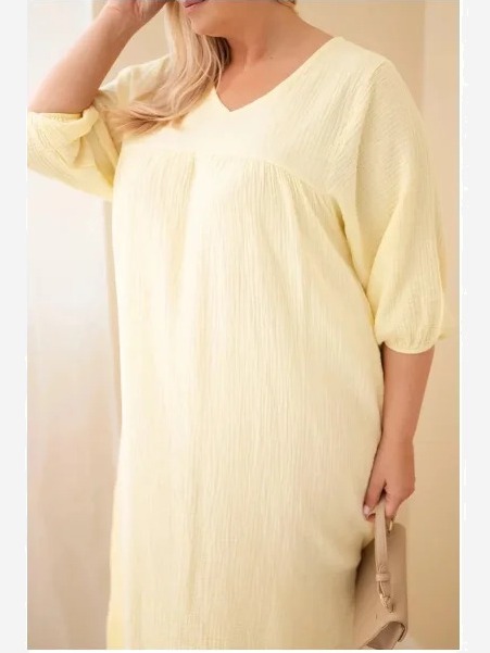 Dámske šaty Plus Size bavlnené mušelínové s výstrihom do V žltá