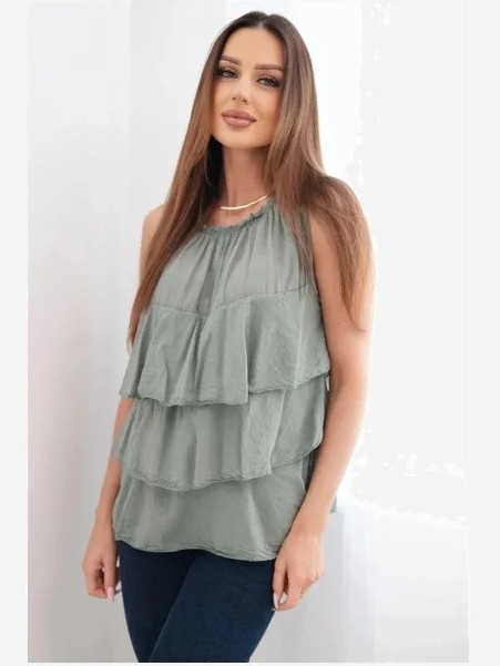 Dámska bavlnená blúzka typu Carmen s volánmi bez rukávov khaki