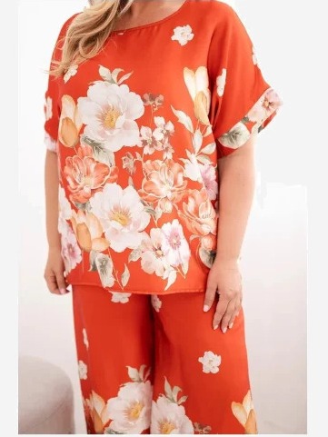 Dámsky set Plus Size s blúzkou a kvetovanými nohavicami so širokými nohavicami hrdzavá
