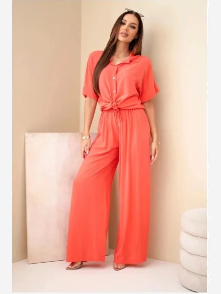 Dámsky viskózový košeľový komplet so širokými nohavicami malinová