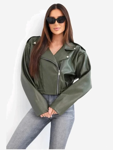 Dámska ramoneska bunda z ekokože so zipsom khaki