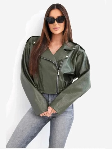 Dámska ramoneska bunda z ekokože so zipsom khaki