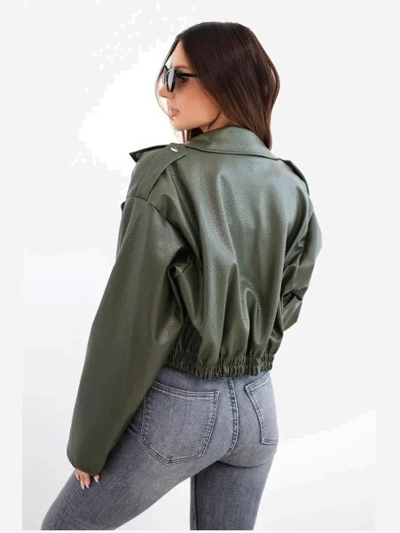 Dámska ramoneska bunda z ekokože so zipsom khaki