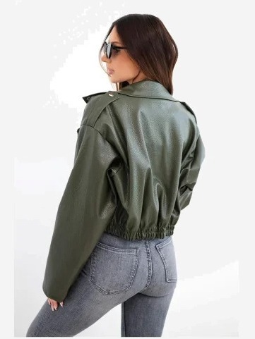 Dámska ramoneska bunda z ekokože so zipsom khaki