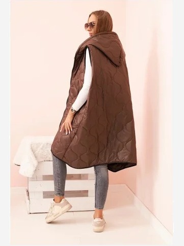 Dámska prešívaná vesta Plus Size s kapucňou na zips hnedá