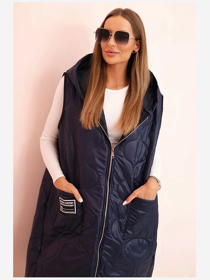 Dámska prešívaná vesta Plus Size s kapucňou na zips modrá
