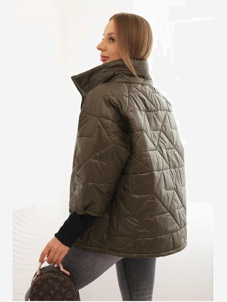Dámska prešívaná bunda s krátkym strihom a golierom khaki
