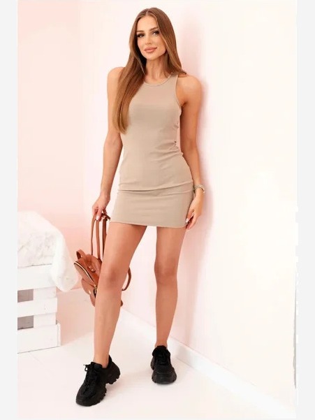 Dámske rebrované šaty bez rukávov slim strihu tmavo béžová