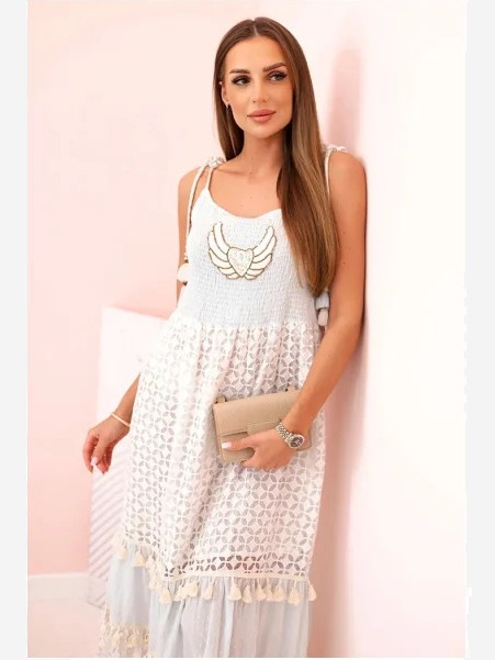 Dámske boho šaty s ramienkami s výšivkou a čipkou modrý