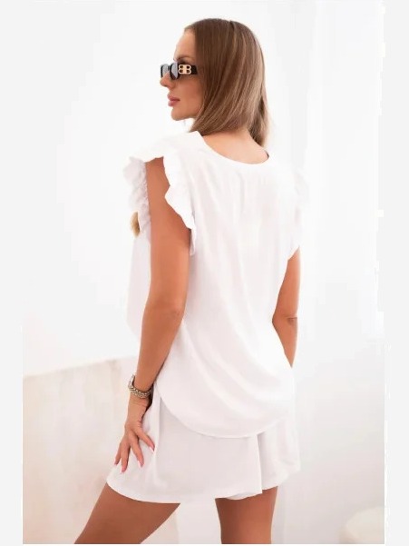 Komplet dámsky z viskózy blúzka s volánmi a krátke šortky biely