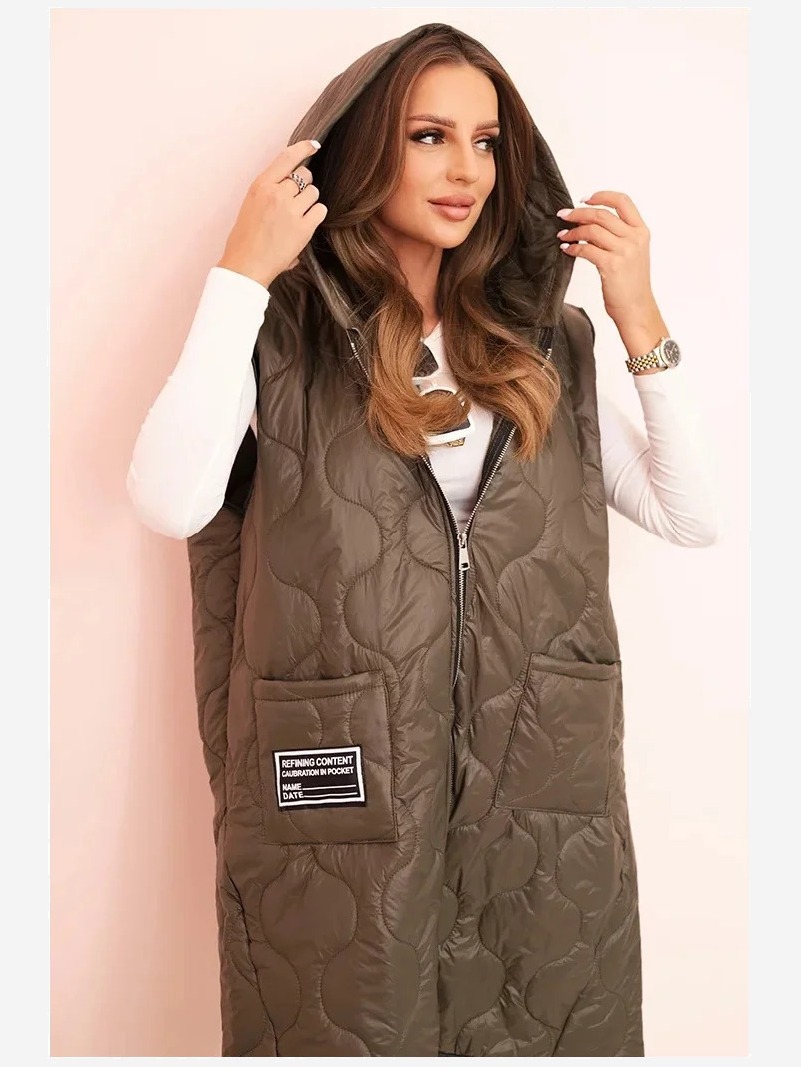 Dámska prešívaná vesta Plus Size s kapucňou na zips khaki
